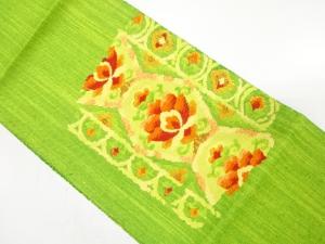 手織り真綿紬　花唐草模様織り出し　名古屋帯